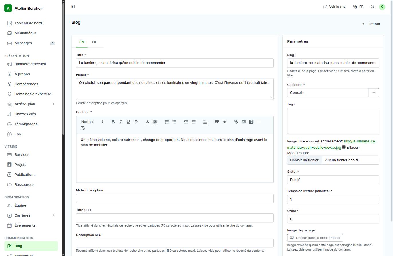 Der Artikeleditor: Sprachreiter, Titel, Auszug, Rich-Text und darunter die SEO-Felder.